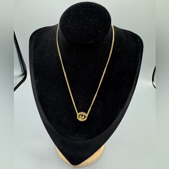 Christian Dior Gold Logo Round Rhinestone Pendant Necklace CD Charm - Picture 4 of 12